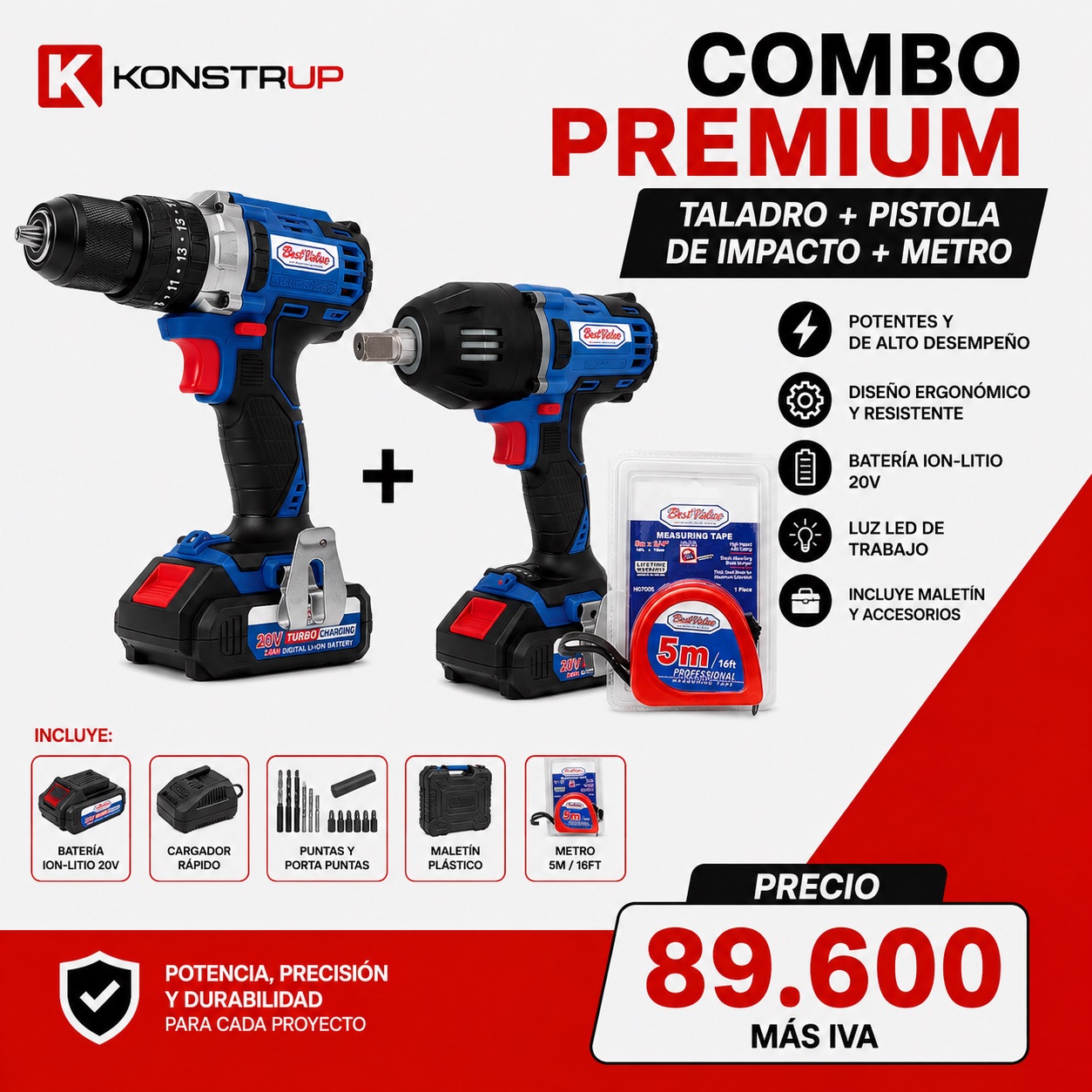 Combo Taladro, pistola impacto y metro